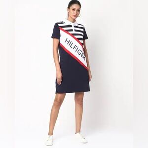 Tommy Hilfiger Logo Print T-Shirt Navy and White Striped Mini Dress